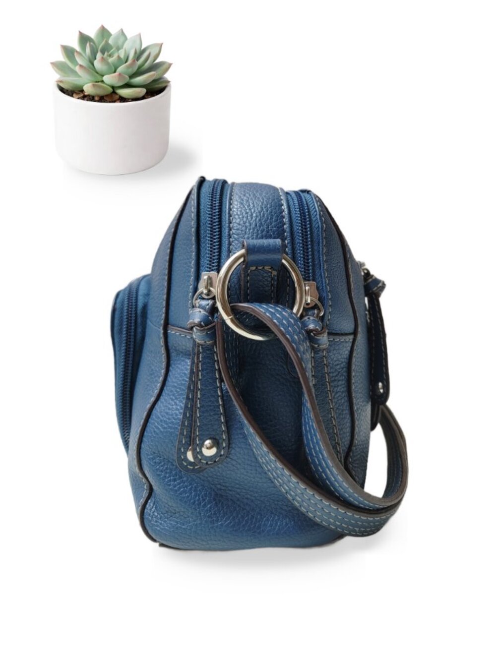 Tignanello Blue Pebbled Genuine Leather Crossbody Bag Multi-Zip Silver Hardware - Picture 6 of 8